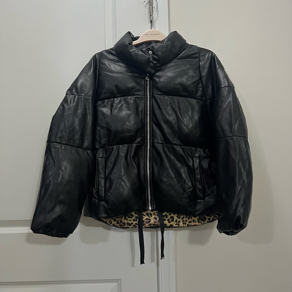 MILLY Black Faux Leather Puffer Coat Size Medium $495 - Picture 2 of 5